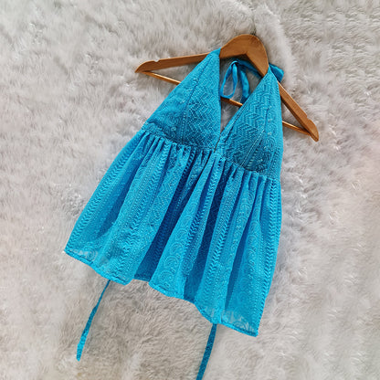 Turquoise Chikankari Chiffon Halter Neck Top