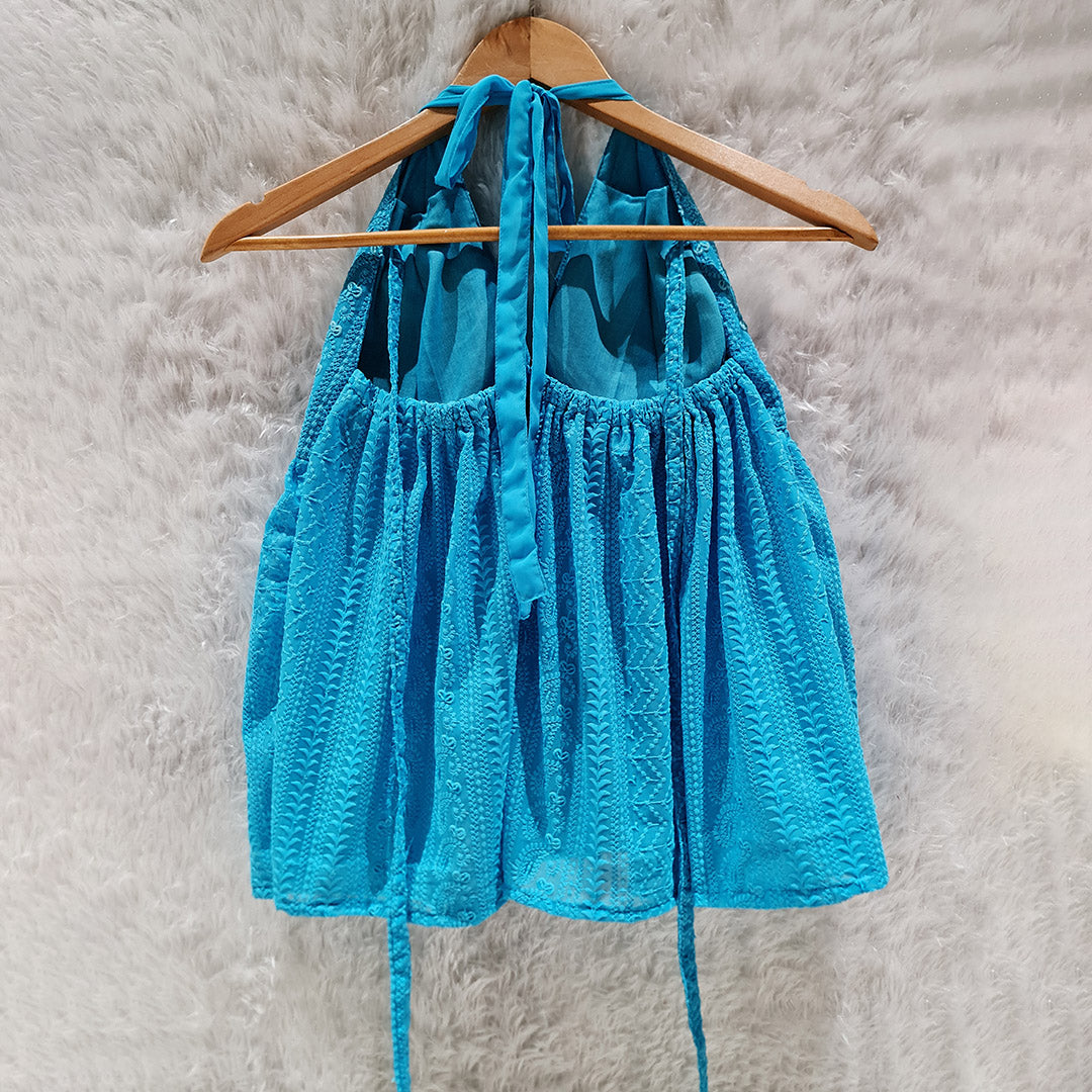 Turquoise Chikankari Chiffon Halter Neck Top