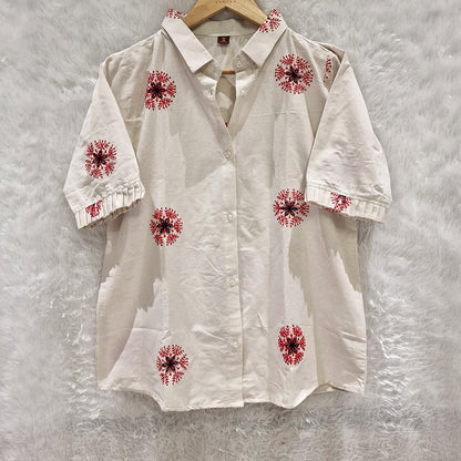 Milky White Embroidery Cotton Shirt & Red Chikan Bra Combo