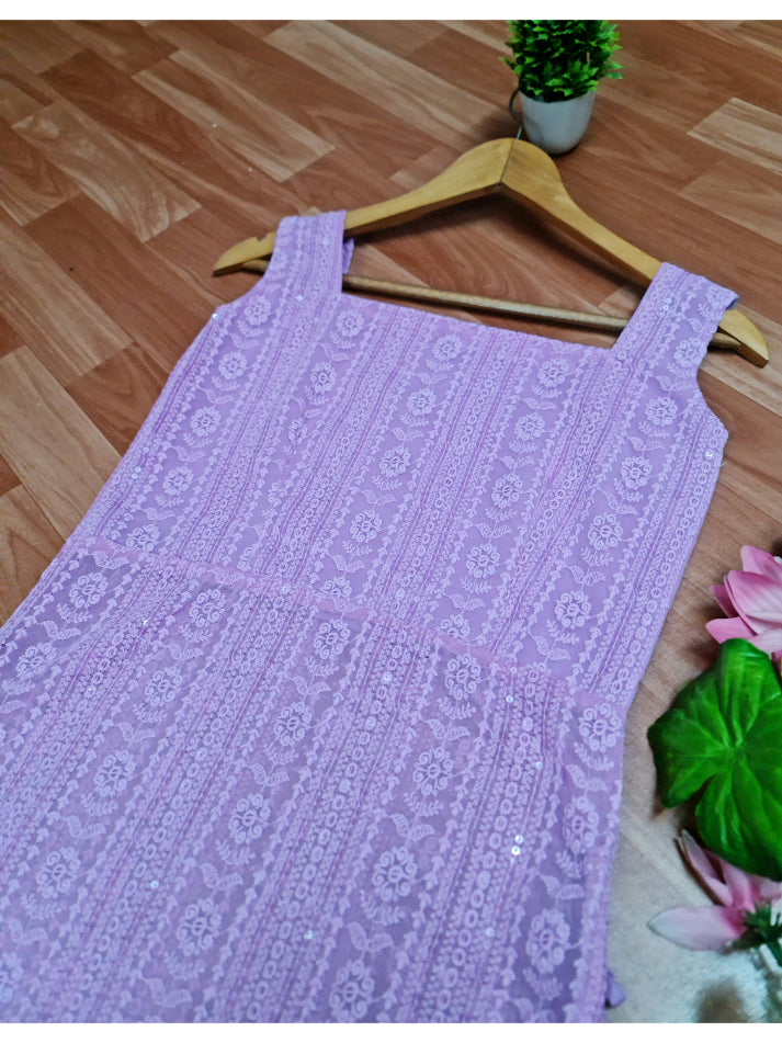 Lavender Bodyfit Side Tassel Long Chikankari Kurti