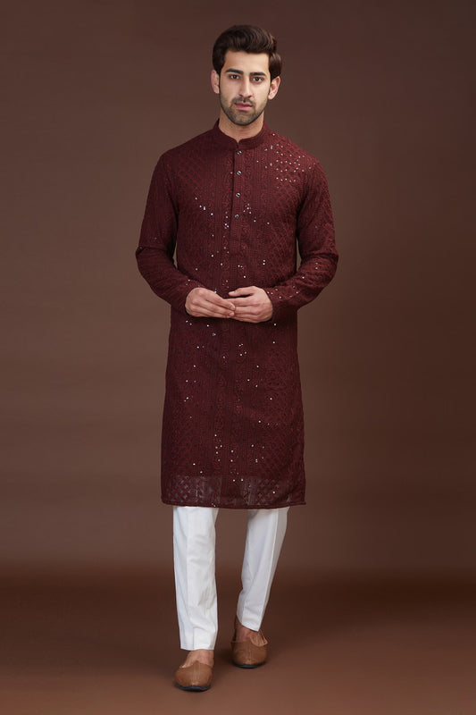 Men Maroon Paisley Chikankari Kurta
