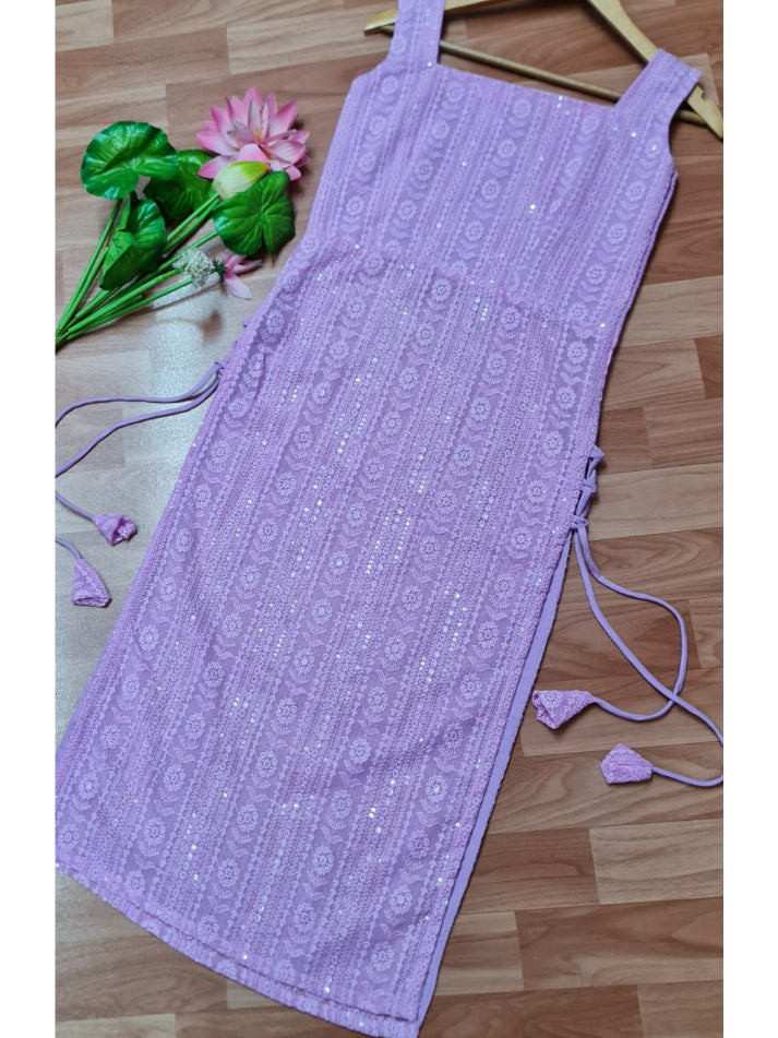 Lavender Bodyfit Side Tassel Long Chikankari Kurti
