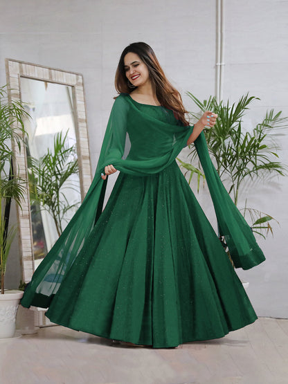 Green Anarkali Gown In Rayon With Lucknowi Chikankari Embroidery Work