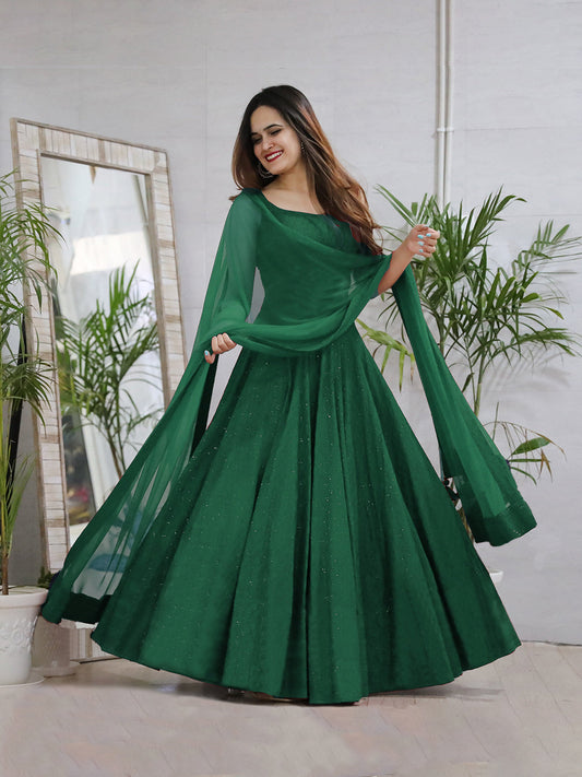 Green Anarkali Gown In Rayon With Lucknowi Chikankari Embroidery Work