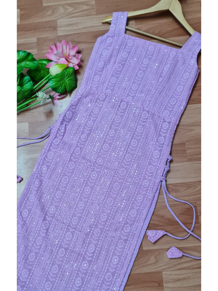 Lavender Bodyfit Side Tassel Long Chikankari Kurti