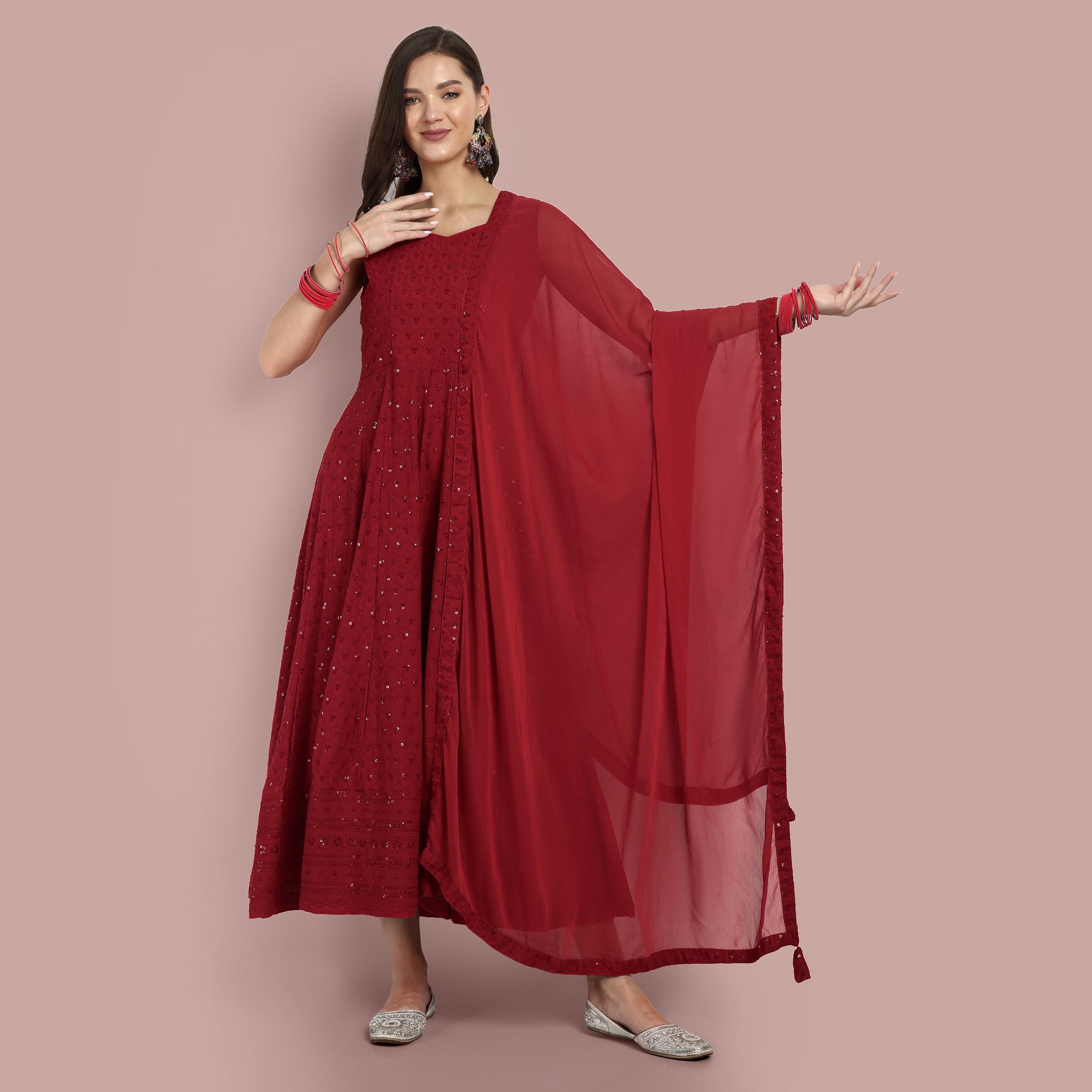 Sequin Embellished Designer Wear Anarkali Maxi Ethnic Dress With Dupatta