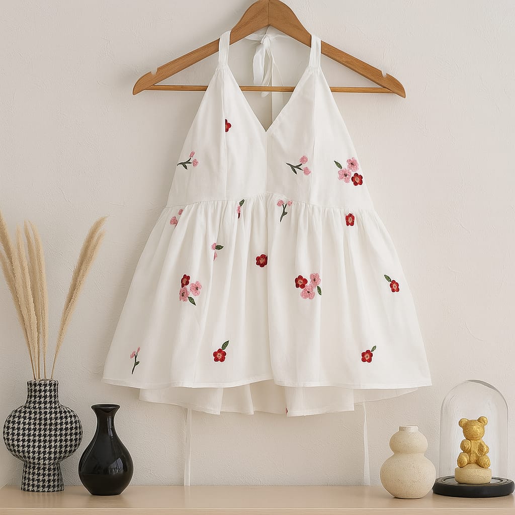 Chic & Comfy: Floral Threadwork Halter Top in White Cotton