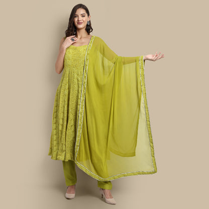 Floral Embroidered Shoulder Strap Kurta With Trousers & Dupatta