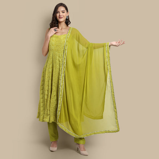 Floral Embroidered Shoulder Strap Kurta With Trousers & Dupatta