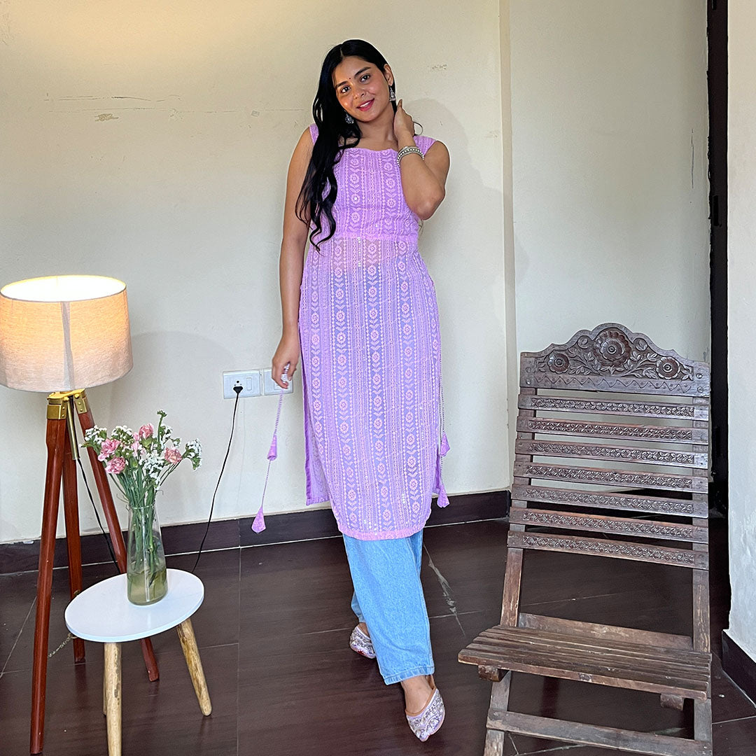Lavender Bodyfit Side Tassel Long Chikankari Kurti
