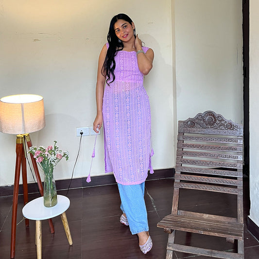 Lavender Bodyfit Side Tassel Long Chikankari Kurti