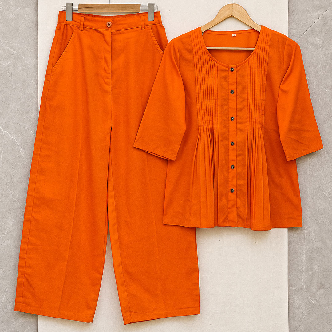 Cotton Casual Plain O-Neck Pleated Top With Wide Leg Pants