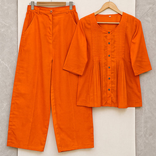 Cotton Casual Plain O-Neck Pleated Top With Wide Leg Pants