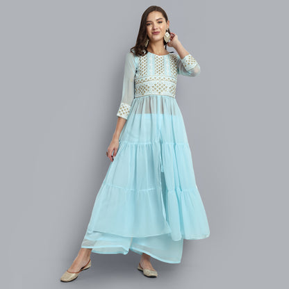 Women Blue Floral Embroidered Tiered Kurta with Sharara