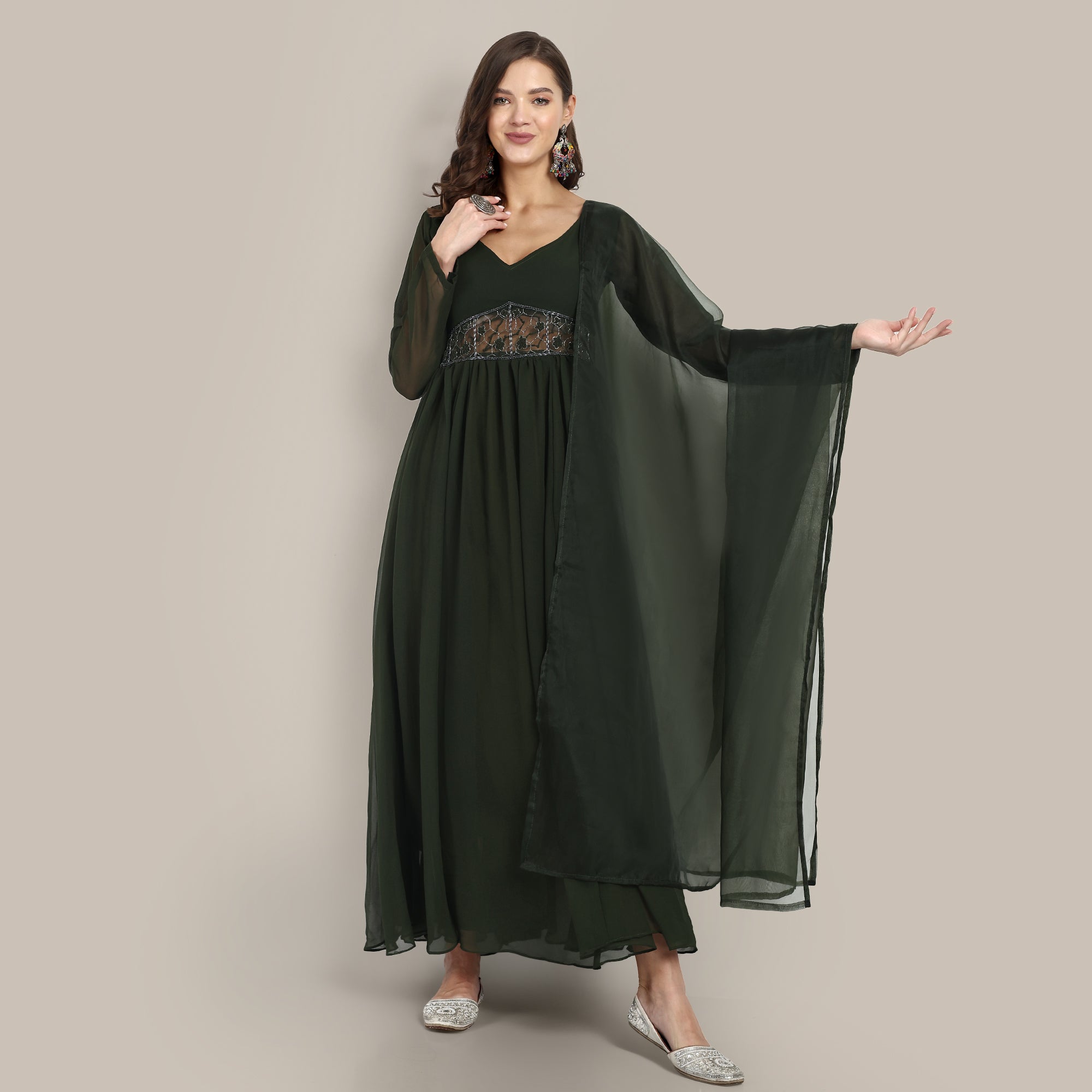 Green Anarkali Gown With V-Neckline, Handwork Panel At The Waist And Full Sleeves