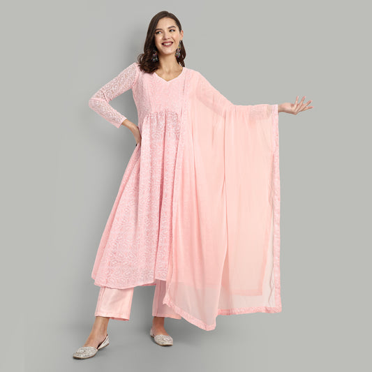 Paisley Embroidered Sequinned Georgette Fit & Flare Ethnic Dress with Dupatta