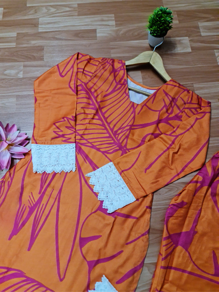Orange Printed Silk Co-ord Set - Set of 2