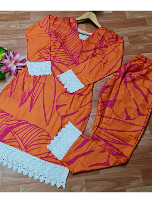 Orange Printed Silk Co-ord Set - Set of 2