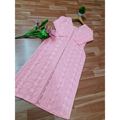 Pink Front Slit Chikankari Long Kurti