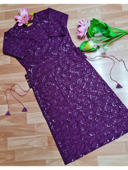 Purple Bodyfit Side Tassel Chikankari Long Kurti