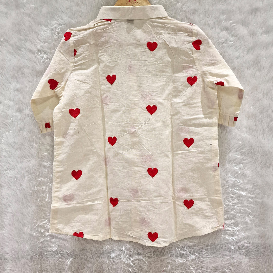 Heart Embroidered Cotton Shirt with Red Chikan Bra Combo
