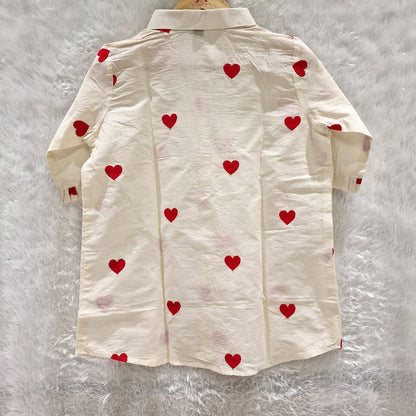 Heart Embroidered Cotton Shirt with Red Chikan Bra Combo