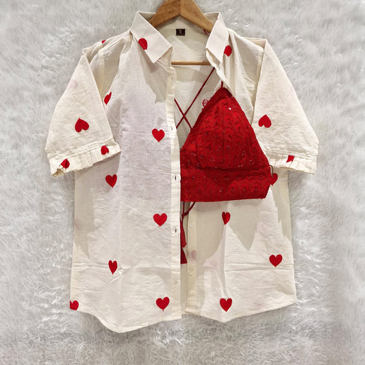 Heart Embroidered Cotton Shirt with Red Chikan Bra Combo