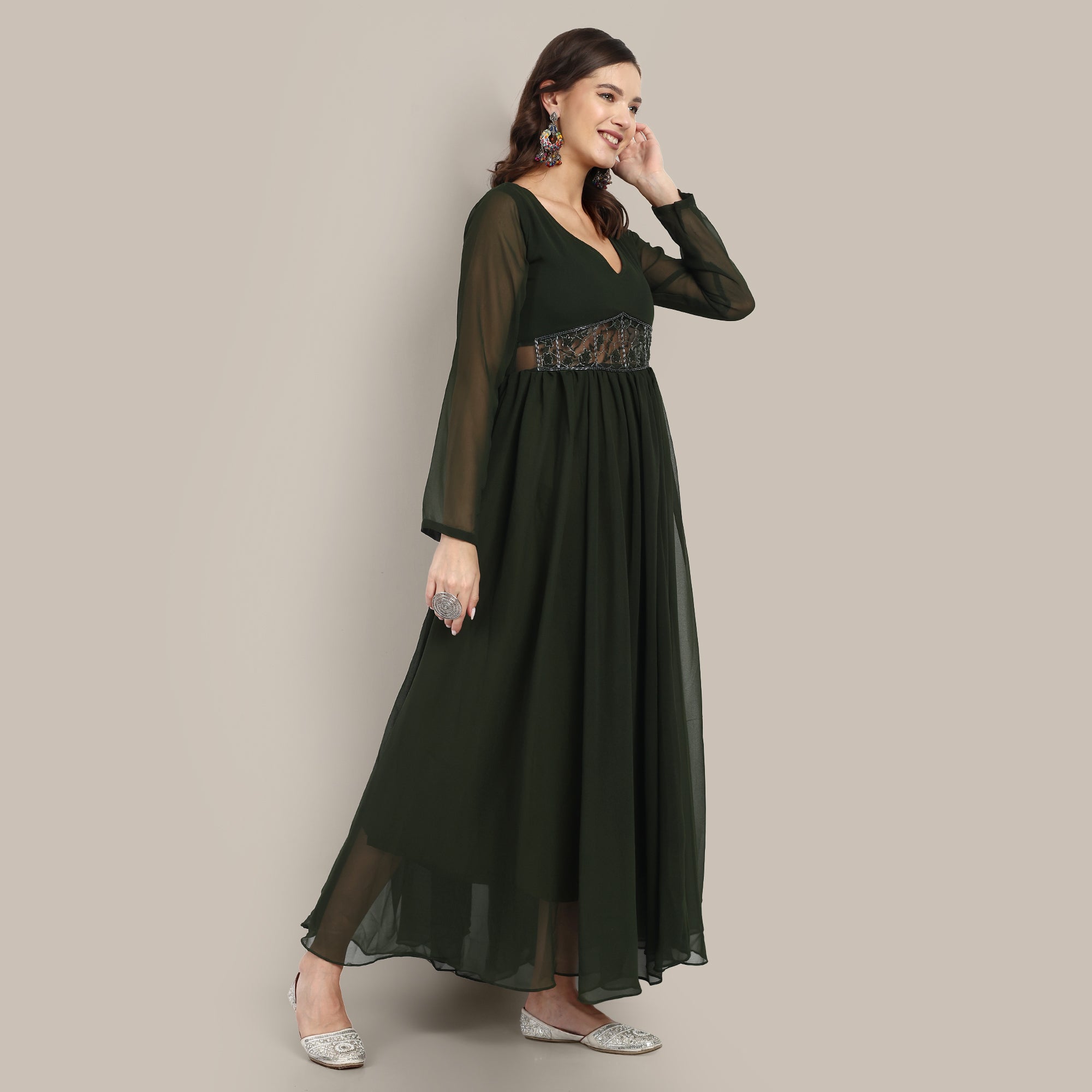 Green Anarkali Gown With V-Neckline, Handwork Panel At The Waist And Full Sleeves