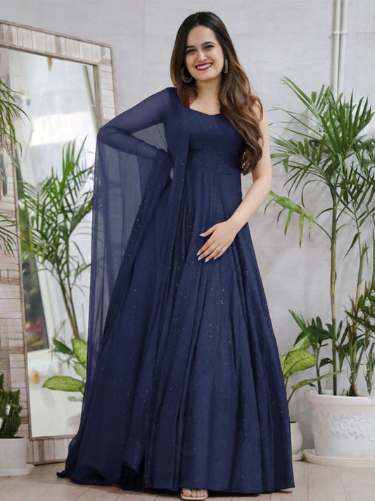 Navy Blue Anarkali Gown In Rayon With Lucknowi Chikankari Work