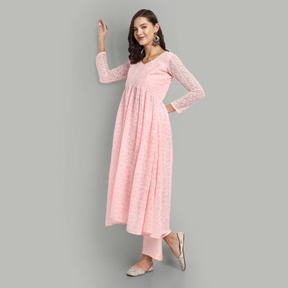 Paisley Embroidered Sequinned Georgette Fit & Flare Ethnic Dress with Dupatta