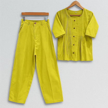 Lime Green Cotton Casual Plain O-Neck Pleated Top With Wide Leg Pants