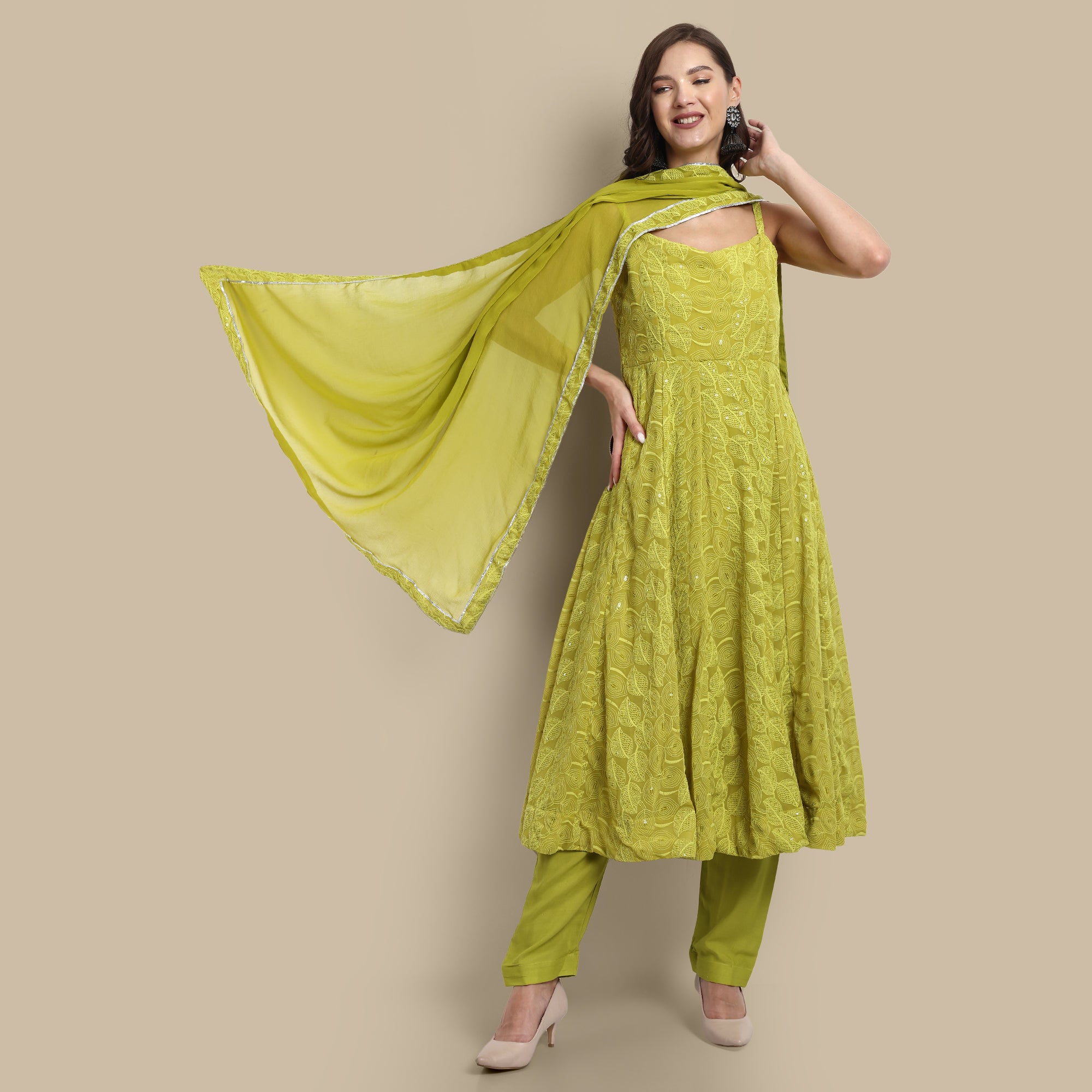 Floral Embroidered Shoulder Strap Kurta With Trousers & Dupatta