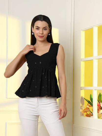 Black Rayon Chikankari Top with Lace-Up Back