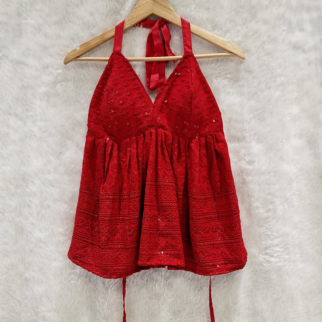 Maroon Chikan Halter Neck Cotton Removable Padded Top