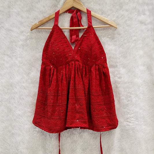 Maroon Chikan Halter Neck Cotton Removable Padded Top