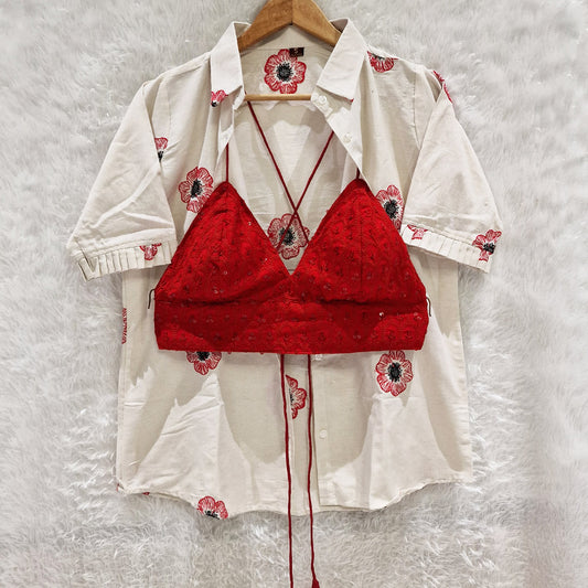 Milky White Embroidery Cotton Shirt & Red Chikan Bra Combo