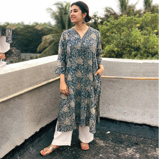 Indigo Printed Cotton Kalamkari Kurta With Elasticated Palazzo Set Of 2