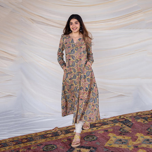 Yellow Kalamkari Cotton Kurta With Pockets
