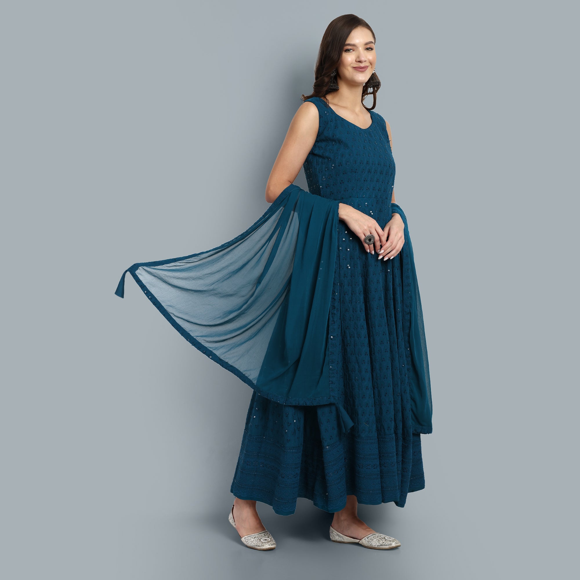 Ethnic Motif Thread Work & Sequin Embellished Maxi-Length Ethnic Dress With Dupatta