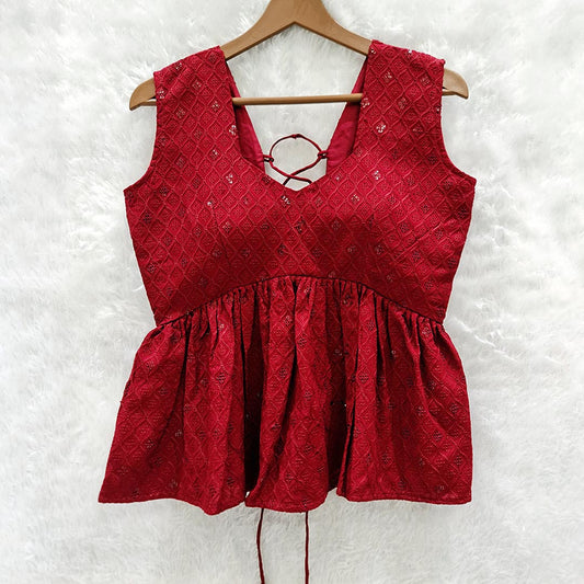 Maroon Cotton Chikankari Top