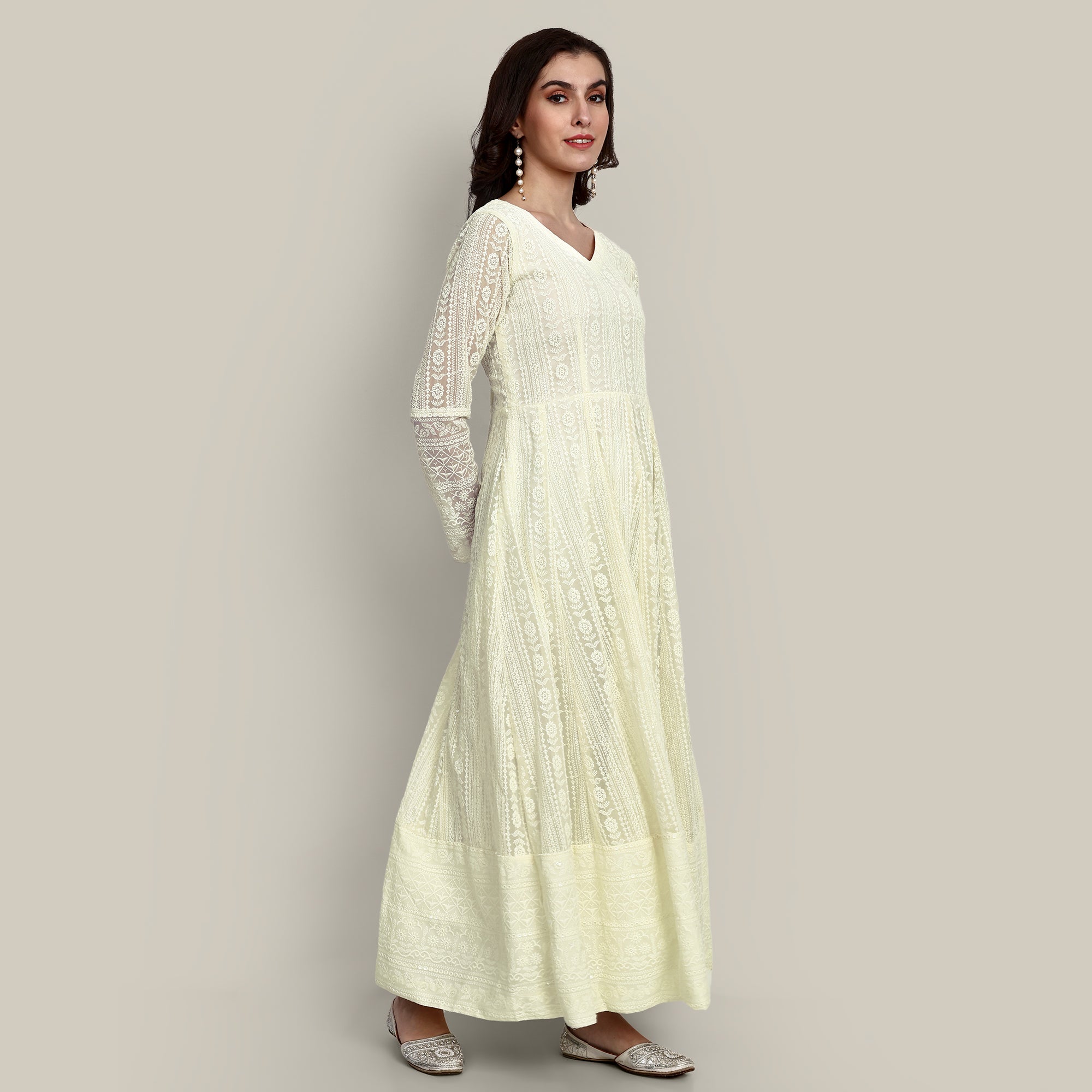 White Chikankari Gown With Embroidery Work
