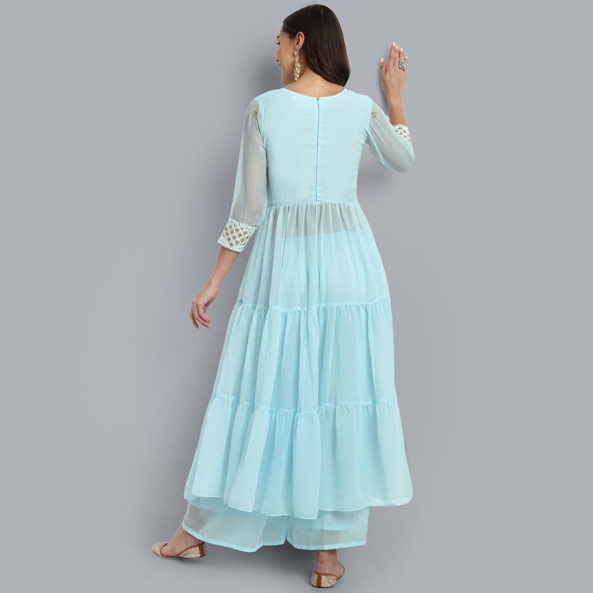 Women Blue Floral Embroidered Tiered Kurta with Sharara