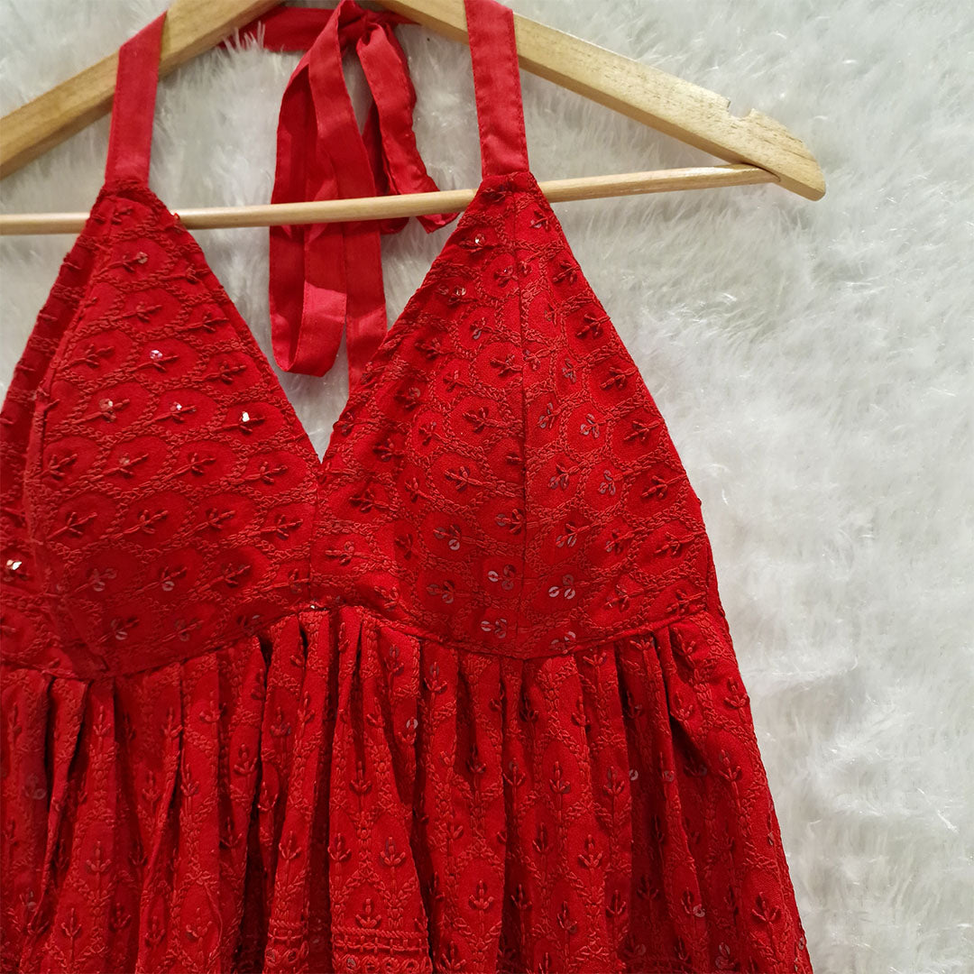 Maroon Chikan Halter Neck Cotton Removable Padded Top