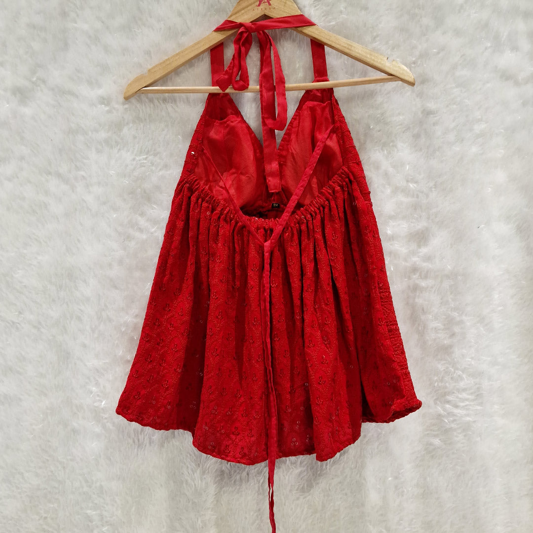 Maroon Chikan Halter Neck Cotton Removable Padded Top