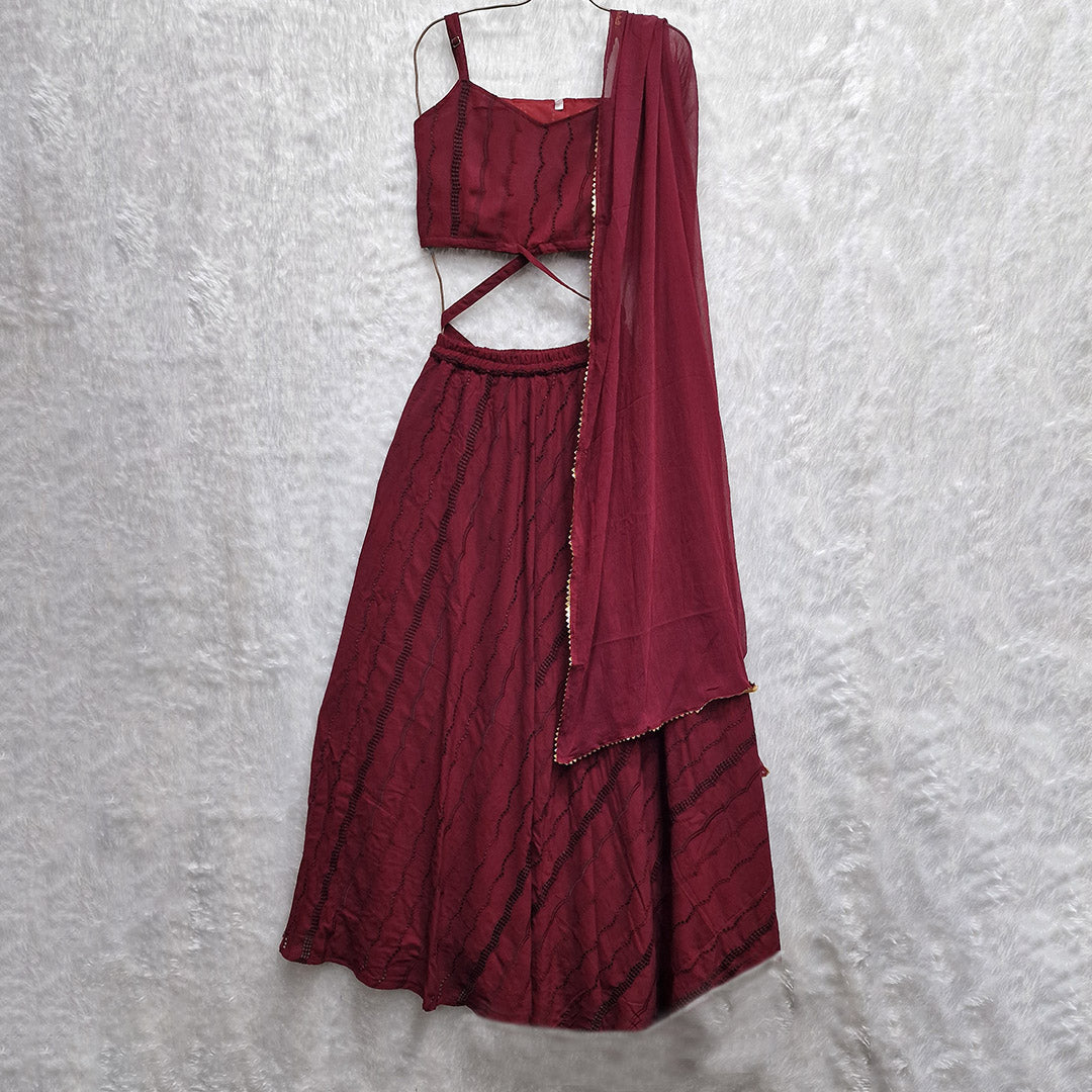 Maroon Hakoba Work Lehenga With Stylish Sleeveless Crop Top