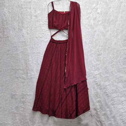 Maroon Hakoba Work Lehenga With Stylish Sleeveless Crop Top