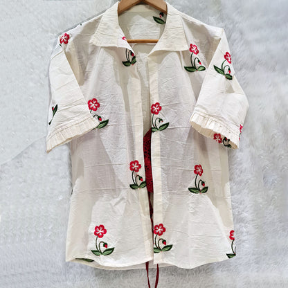 Biege Embroidery Shirt & Red Hakoba Chikan Bra Combo