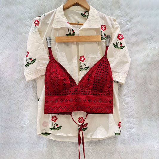 Biege Embroidery Shirt & Red Hakoba Chikan Bra Combo