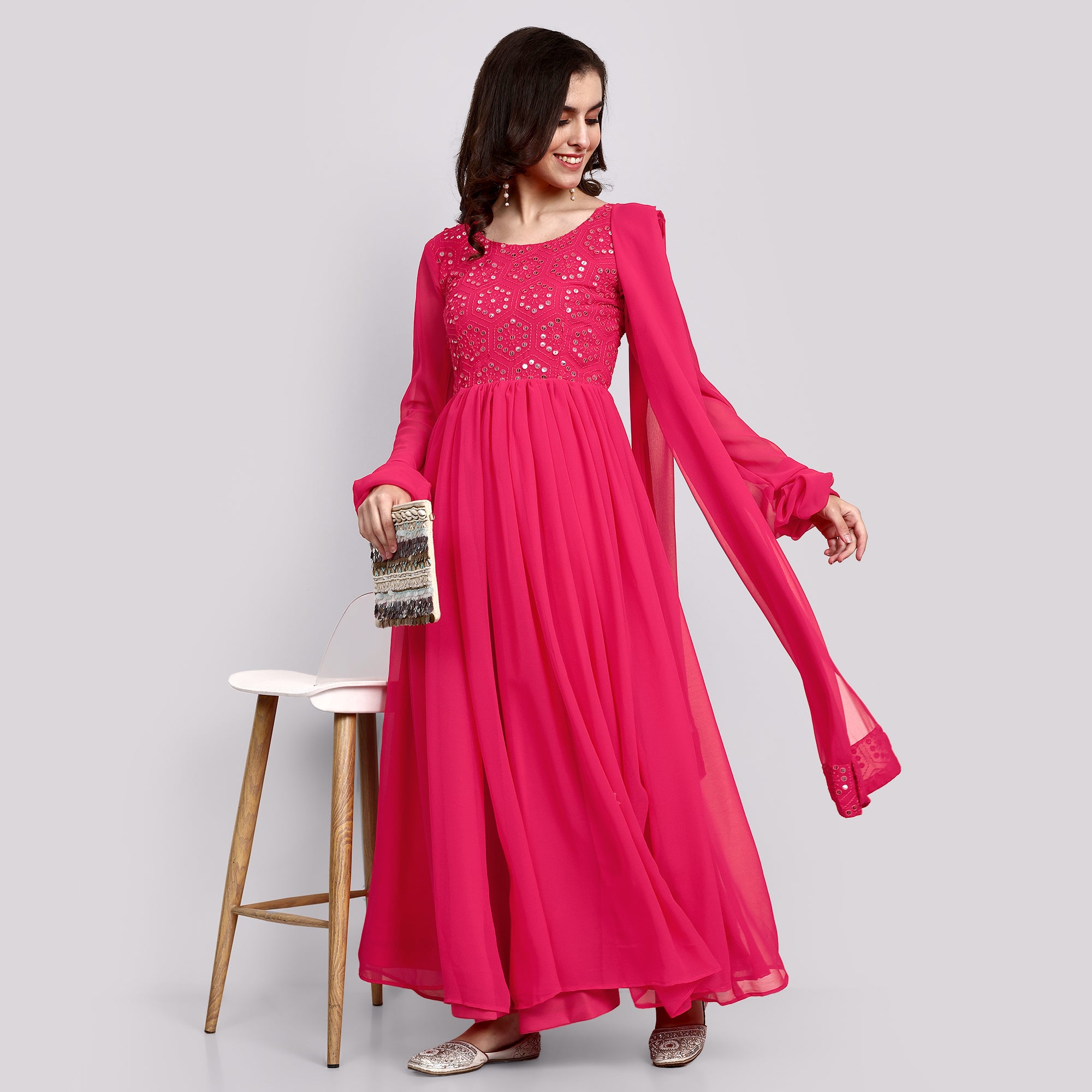 Pink Abla Mirror Embroidered Georgette Anarkali Style Gown