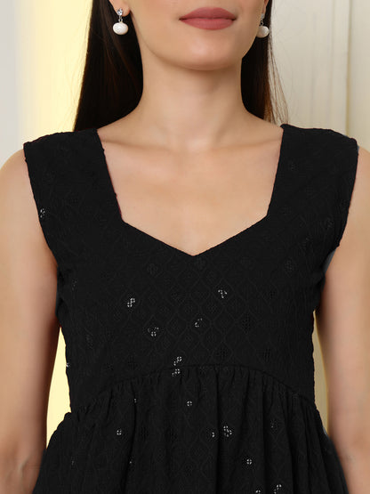 Black Rayon Chikankari Top with Lace-Up Back